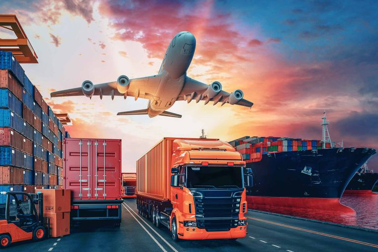 Truck, ship and airplane at a cargo port