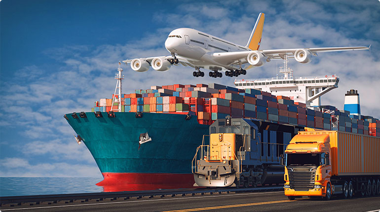 Ship, train, truck and plane