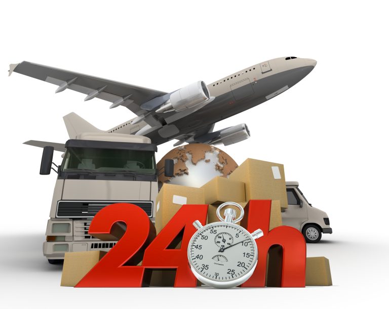 Truck, van and airplane with a 24 hour stopwatch